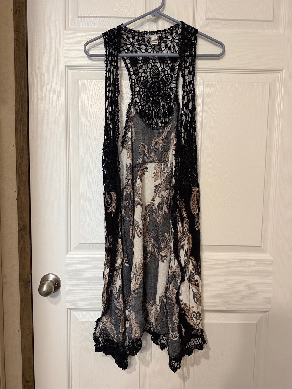 Cato Black and Cream Paisley Asymmetrical Crochet-Trim Dress
